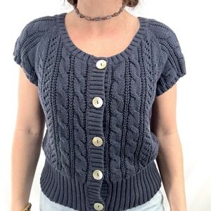 Chunky Cable Knit Top Womens L Cottage Fisherman Coastal Boho Short Sleeve Blue
